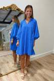 Umgee Texture Overload Puff Sleeve Dress Blue