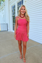 Touchdown Polka Dot Pleated Dress Red