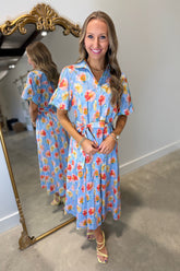 Umgee Shoreline Floral Button Front Midi Dress Blue