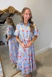 Umgee Shoreline Floral Button Front Midi Dress Blue