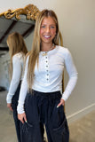 Ribbed Henley Long Sleeve Top White
