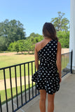 Playmaker Polka Dot One Shoulder Dress Black