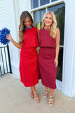 Down The Field Denim Midi Skirt Set Red