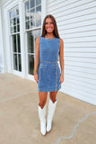 Move the Chain Denim Belted Dress
