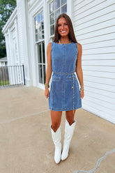 Move the Chain Denim Belted Dress