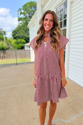 Saturdays in Starkville Striped Dress Burgundy
