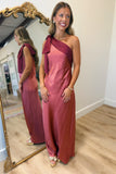 Color Block Satin One Shoulder Midi Dress Wine