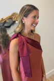 Color Block Satin One Shoulder Midi Dress Wine