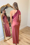Color Block Satin One Shoulder Midi Dress Wine
