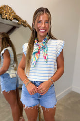 Florence Striped Ruffle Knit Top Blue
