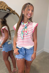 Florence Striped Ruffle Knit Top Pink