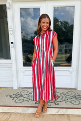 All American Striped Button Midi Dress Red
