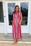 All American Striped Button Midi Dress Red