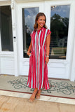 All American Striped Button Midi Dress Red