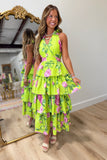 Chartreuse Bloom Tiered Halter Dress