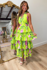 Chartreuse Bloom Tiered Halter Dress
