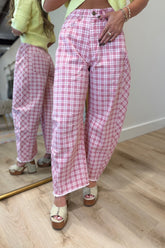 October Pink Plaid Barrel Jeans
