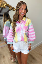 Pastel Patchwork Stripe Button-Up Shirt Sorbet