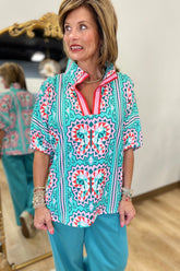 Teal Geometric Pattern Blouse