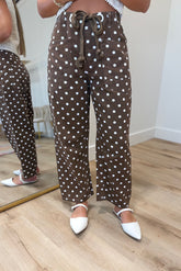 Jess Polka Dot Drawstring Barrel Jeans Brown