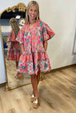 Island Glow Floral Puff Sleeve Dress Orange