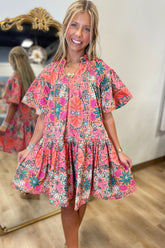Island Glow Floral Puff Sleeve Dress Orange