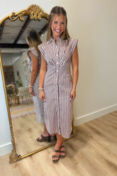Autumn Stripes Pleated Midi Dress Brown