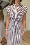 Autumn Stripes Pleated Midi Dress Brown