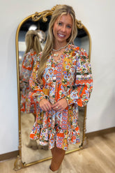 Patchwork Print Ruffled V Neck Dress Orange