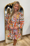 Patchwork Print Ruffled V Neck Dress Orange