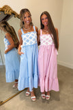 Diagonal Lace Gingham Midi Dress Pink