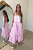 Diagonal Lace Gingham Midi Dress Pink
