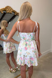 Floral Printed Eyelet Tie Shoulder Mini Dress