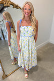 Golden Garden Shoulder Tie Scallop Dress