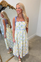 Golden Garden Shoulder Tie Scallop Dress