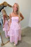 Floral Printed Organza Tiered Midi Dress