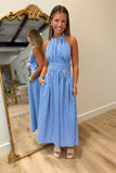 Gingham Celebration Halter Maxi Dress Blue