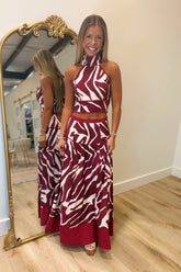 Zebra Zeal Halter Skirt Set Burgundy