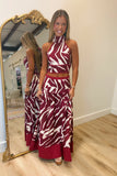 Zebra Zeal Halter Skirt Set Burgundy
