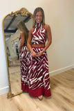 Zebra Zeal Halter Skirt Set Burgundy
