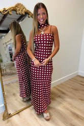 Dolly Dotted Satin Scarf Dress Burrgundy