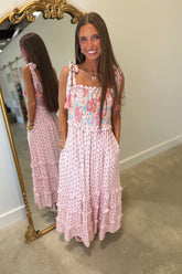 Tulips and Tassels Smocked Midi Dress Pink