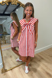 American Honey Sailor Collard Striped Denim Dress Red