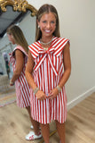American Honey Sailor Collard Striped Denim Dress Red
