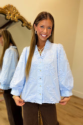 Dressy Floral Embossed Blouse Blue