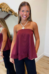 Old Hollywood Strapless Satin Top Burgundy