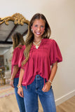 Adored Pleated Bubble Sleeve Blouse Brick