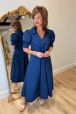 Juliet Classic Collar V Neck Midi Dress Navy