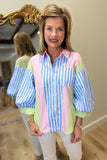 Pastel Patchwork Stripe Button-Up Shirt Sherbet
