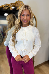 Bow Pointelle Knit Sweater Cream